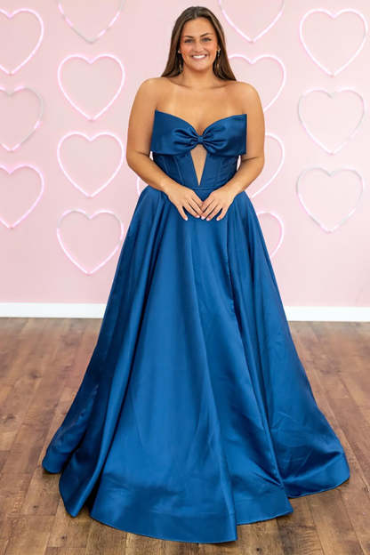 Long Sweetheart Strapless A-line Satin Prom Dress with Bow