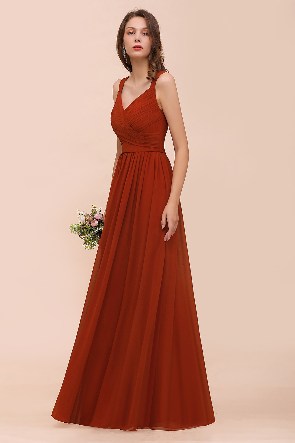 New Long A-line Sweetheart Straps Ruffle Rust Chiffon Bridesmaid Dress