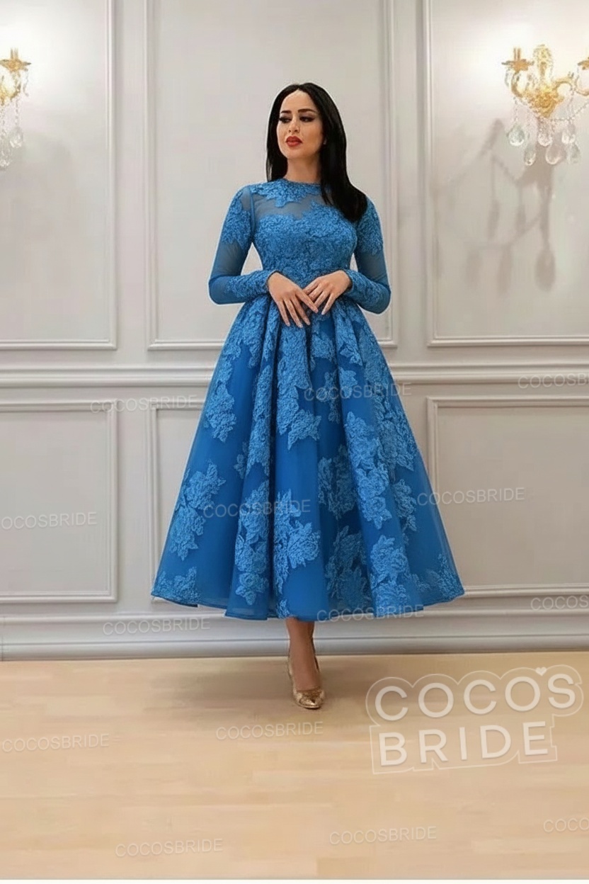 Elegant Short A-line High Neck Lace Ankle Length Formal Evening Dress with Sleeves