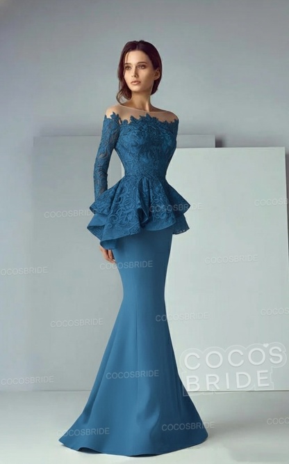 Modest Long Mermaid Lace Satin Formal Prom Dresses with Sleeves