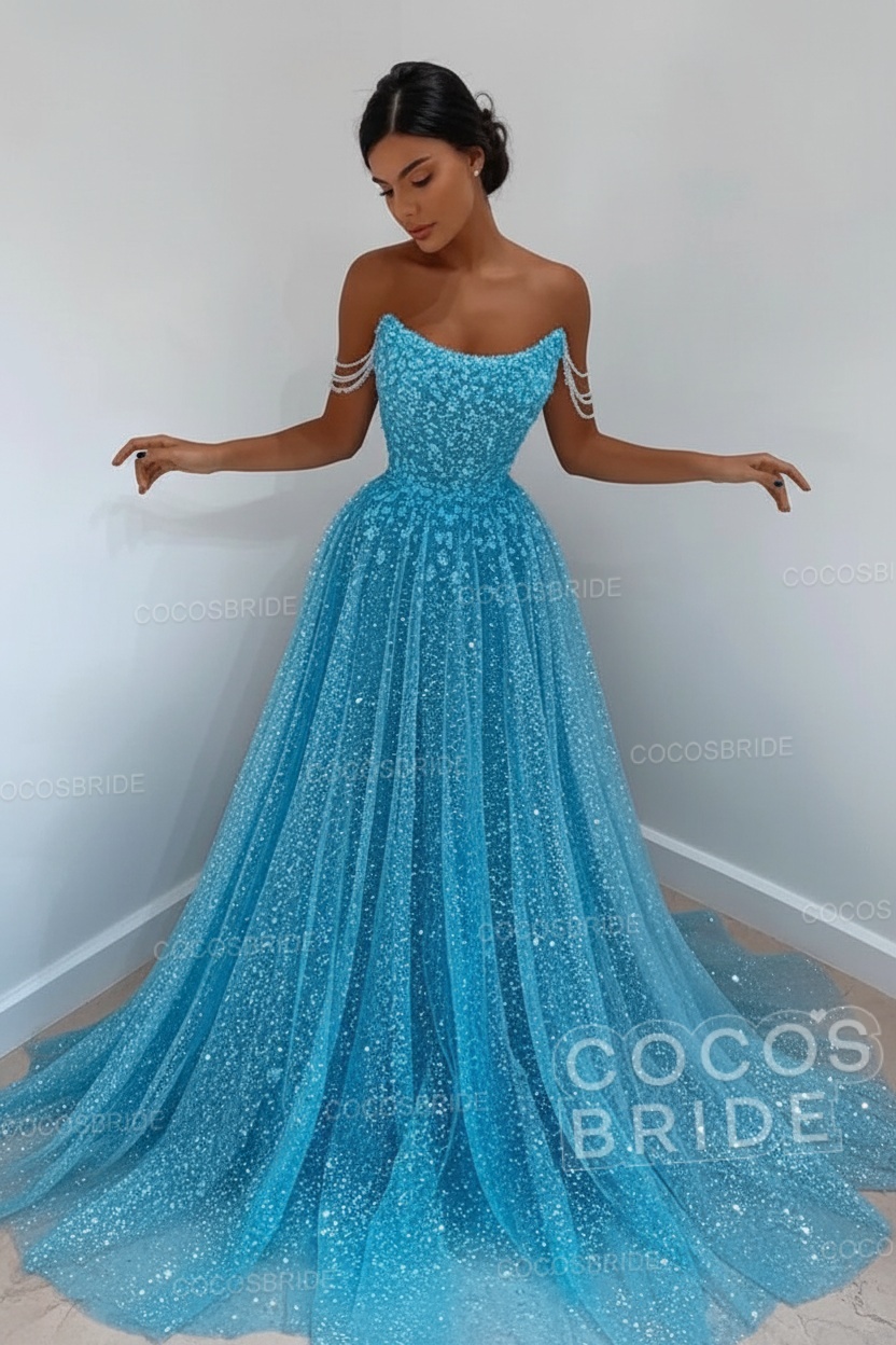 Long A-line Sparkly Sleeveless Sequined Formal Prom Dress