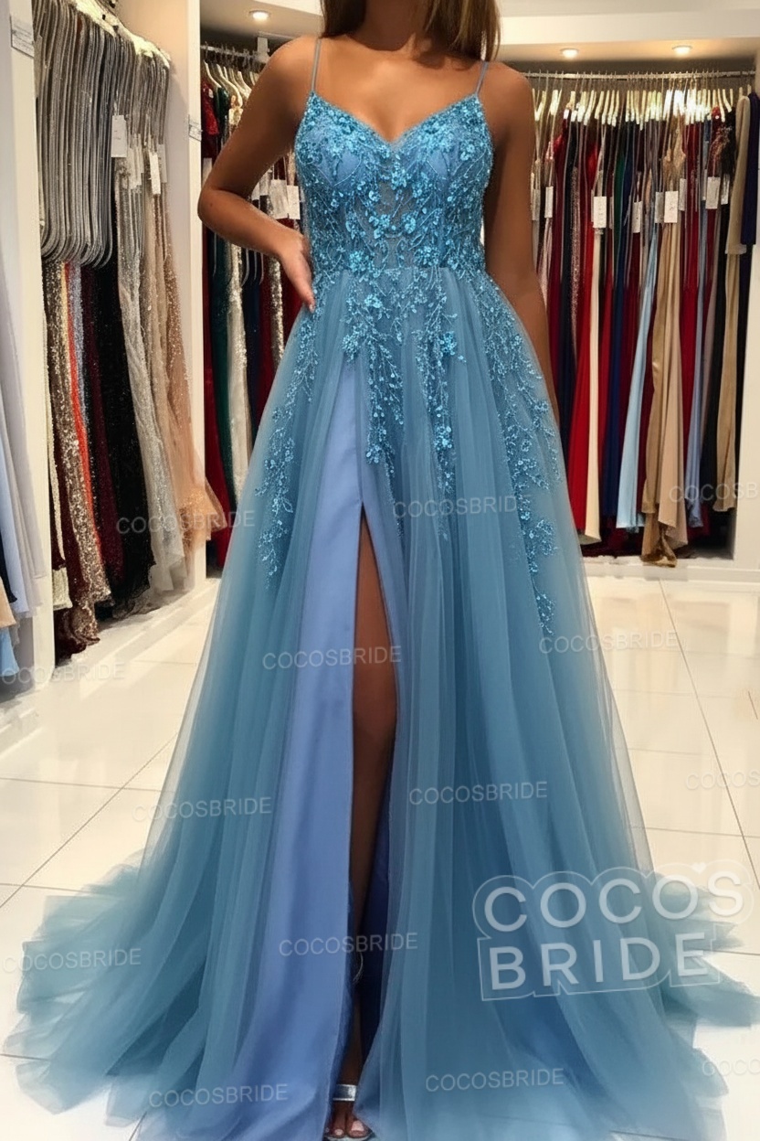 Long A-line V-neck Spaghetti Straps Open Back Prom Dress with Slit