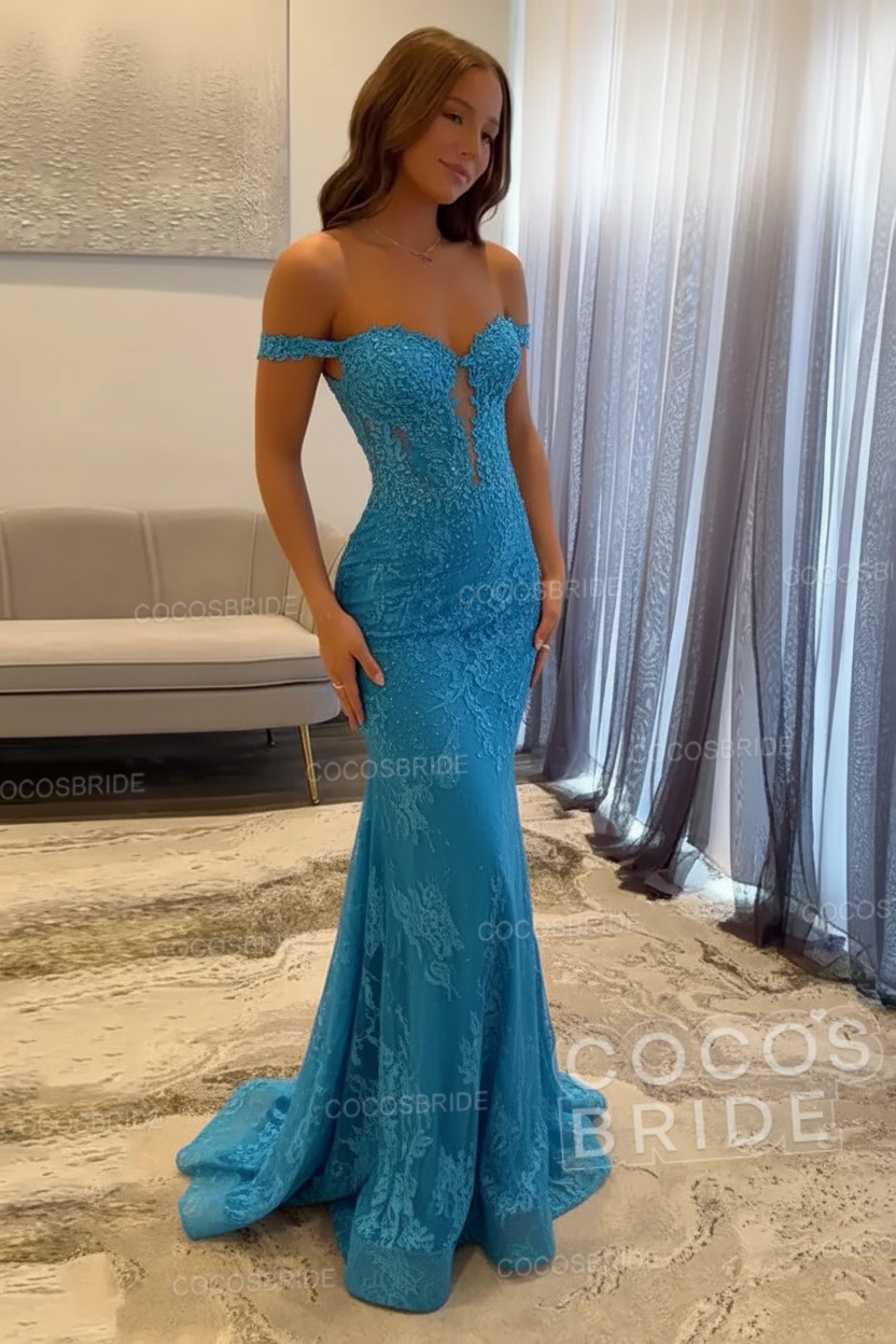 Dark Navy Long Mermaid Off the Shoulder Lace Prom Dress