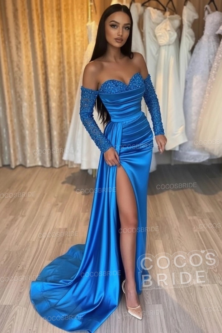 Long Mermaid Off the Shoulder Satin Front Slit Prom Dresses with Sleeves