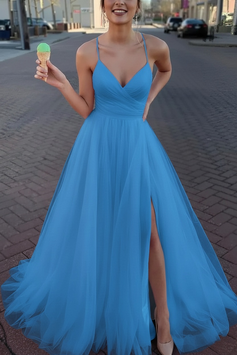 Long Spaghetti Straps V-neck A-Line Tulle Prom Dress With Side Slit