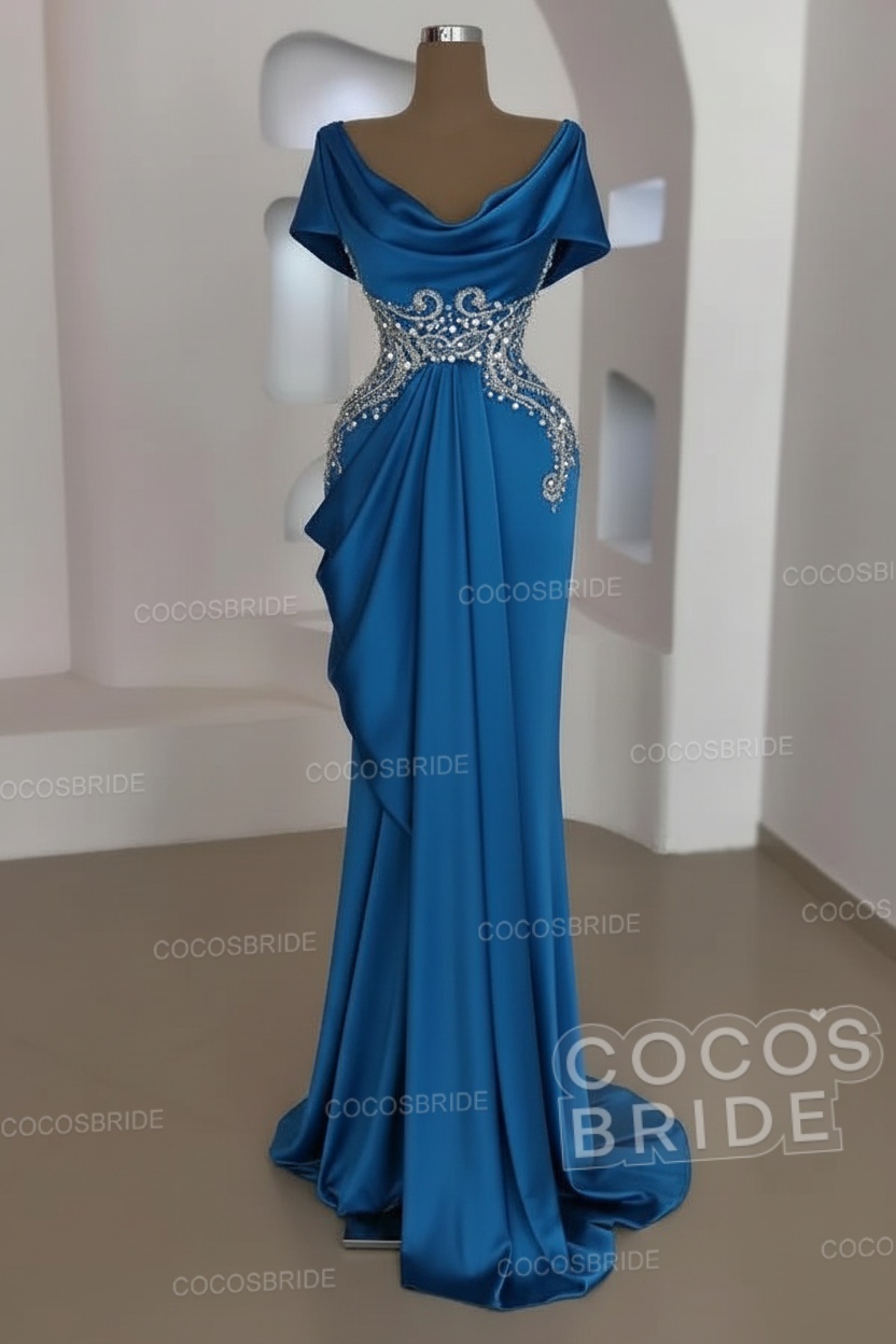 Mermaid Cowl Neck Satin Long Prom Dresses with Short Sleeves