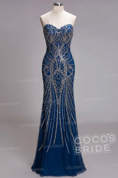 Mermaid Strapless Sweetheart Long Sequined Formal Evening Dresses with Beads