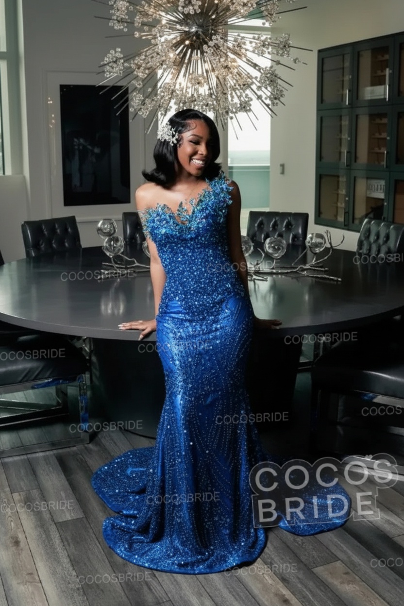 One Shoulder Sleeveless Mermaid Prom Dress with Beaded