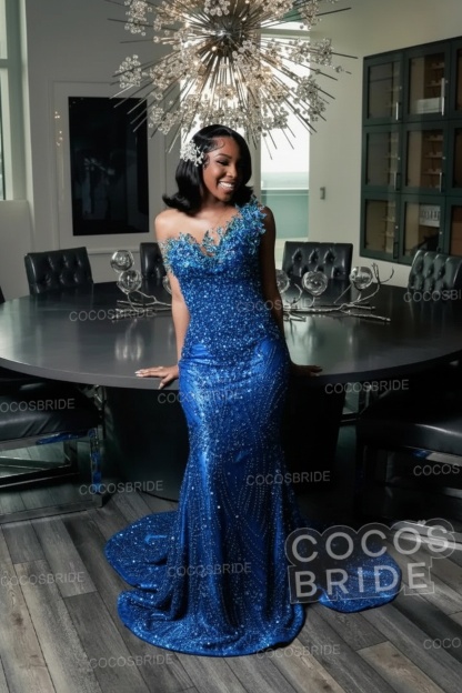 One Shoulder Sleeveless Mermaid Prom Dress with Beaded