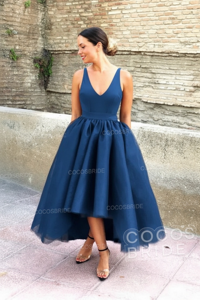 Simple Black V-neck Sleeveless Asymmetrical A-Line Prom Dresses