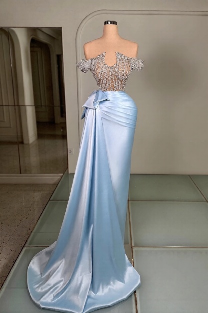 Off The Shoulder Satin Beads Mermaid Long Prom Dress