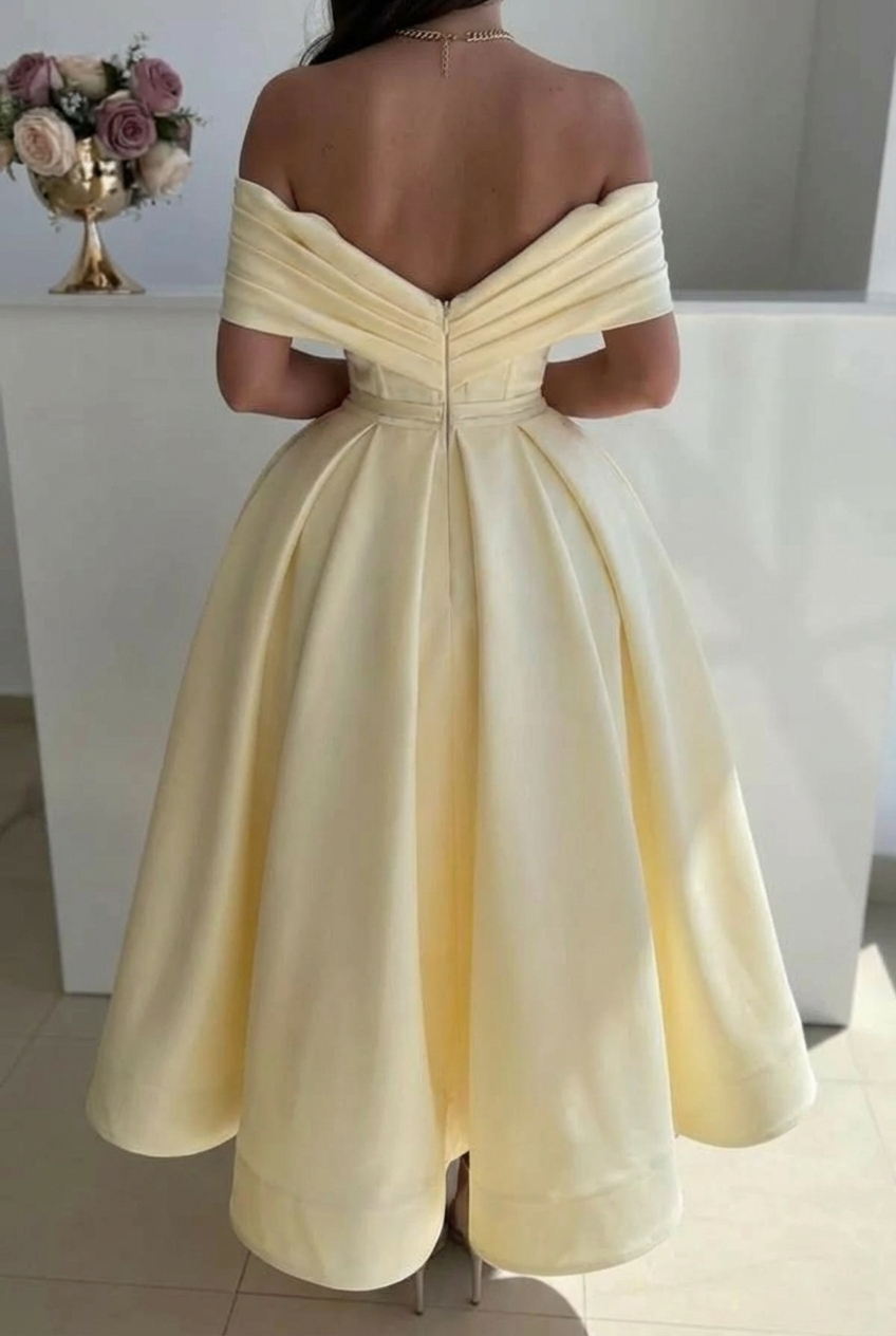 Off the Shoulder A-Line Satin Prom Dress with Pleated