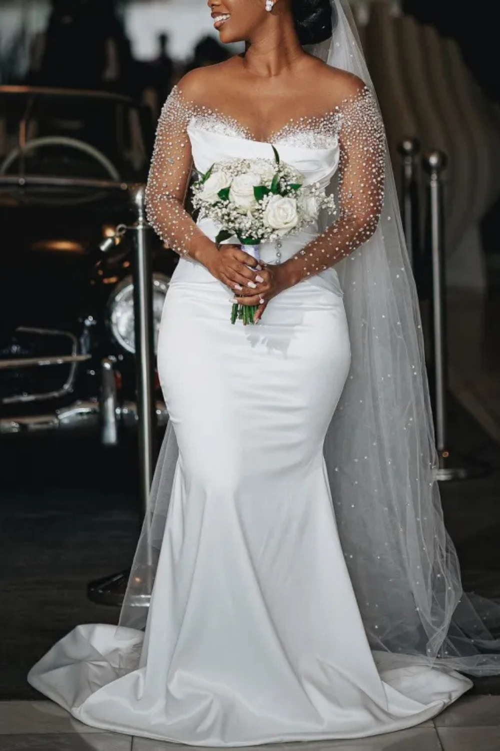 Cocosbride Off-the-Shoulder Long Mermaid Wedding Dresses with Beaded-Front
