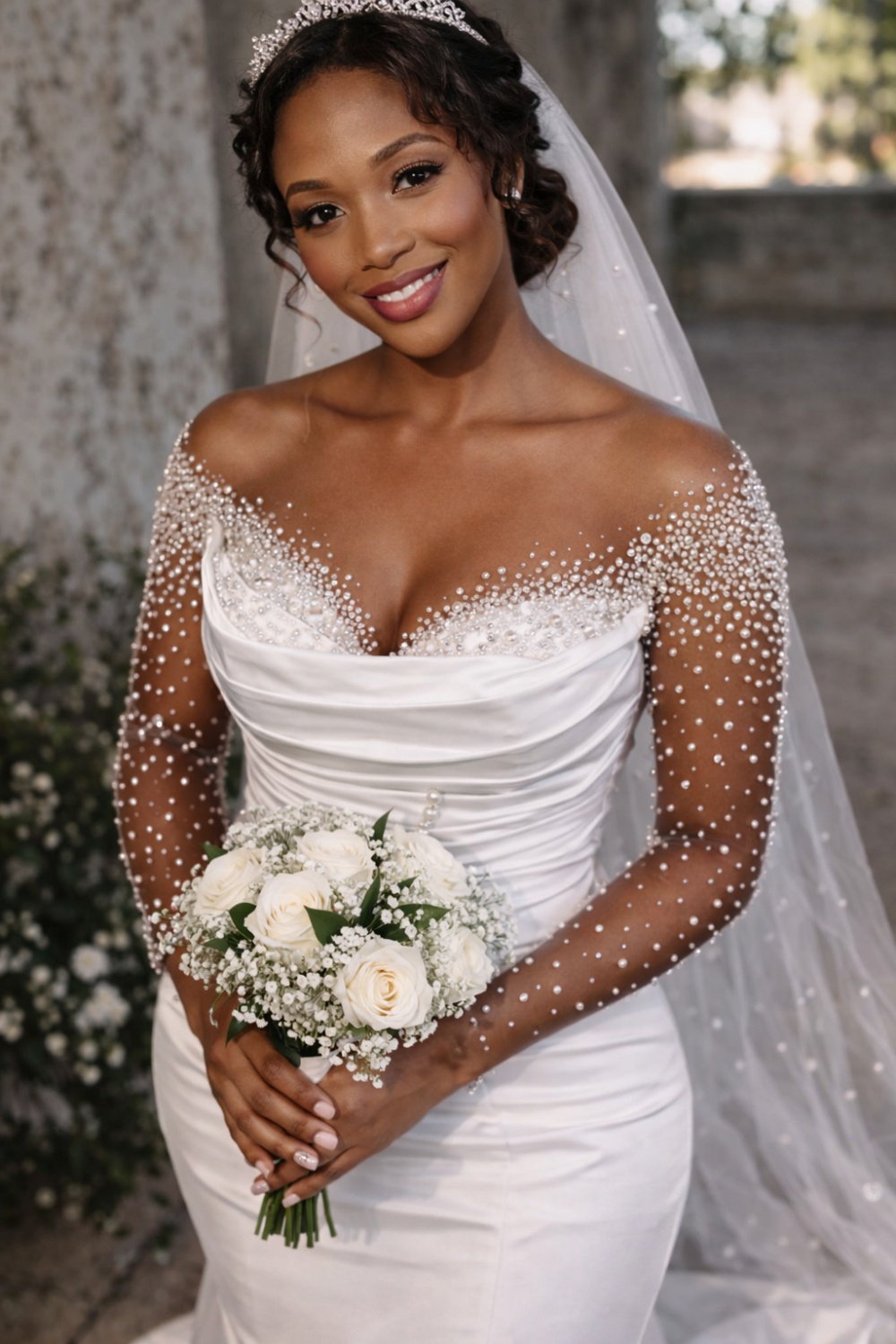 Off-the-Shoulder Long Mermaid Wedding Dresses with Beaded