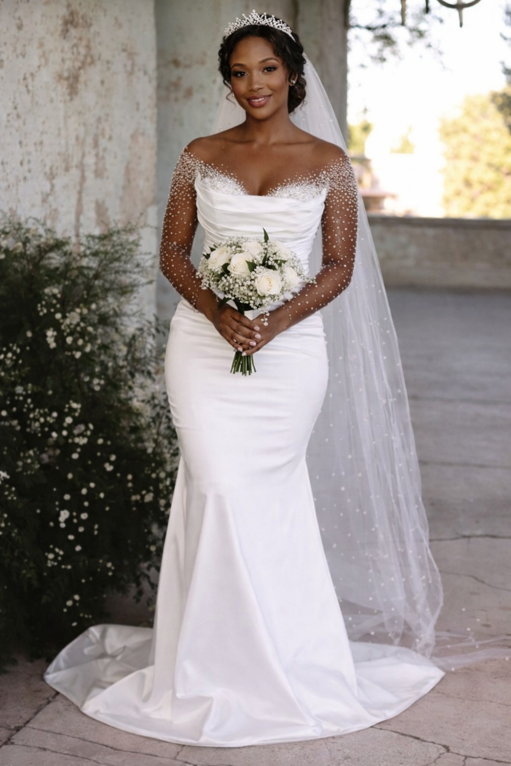 Off-the-Shoulder Long Mermaid Wedding Dresses with Beaded