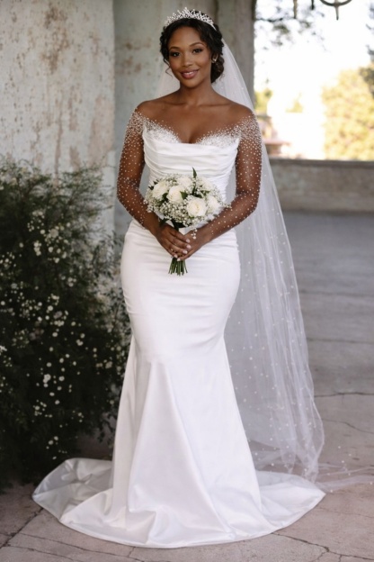 Off-the-Shoulder Long Mermaid Wedding Dresses with Beaded