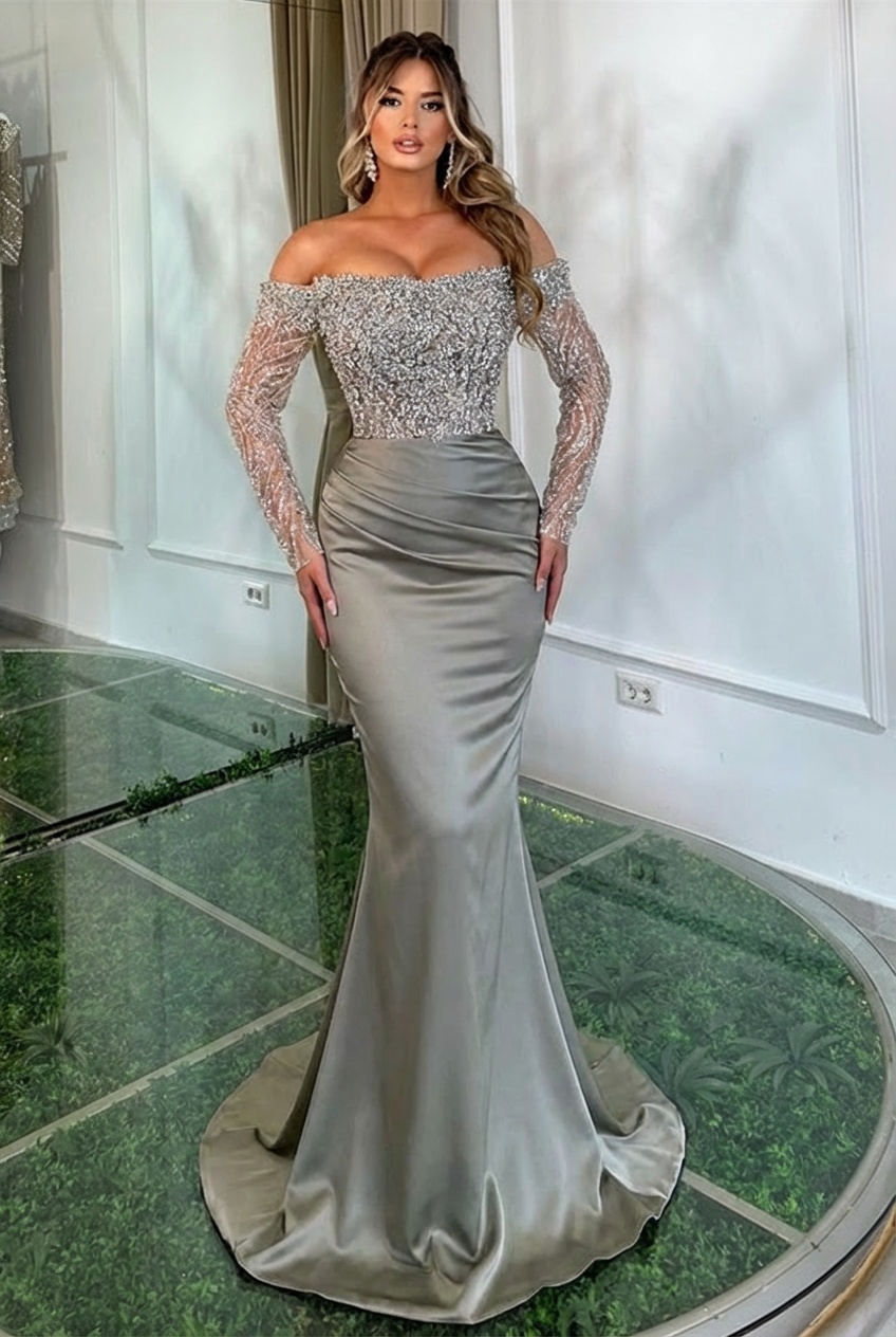 Off the Shoulder Satin Beadings Long Mermaid Prom Dress with Sleeves