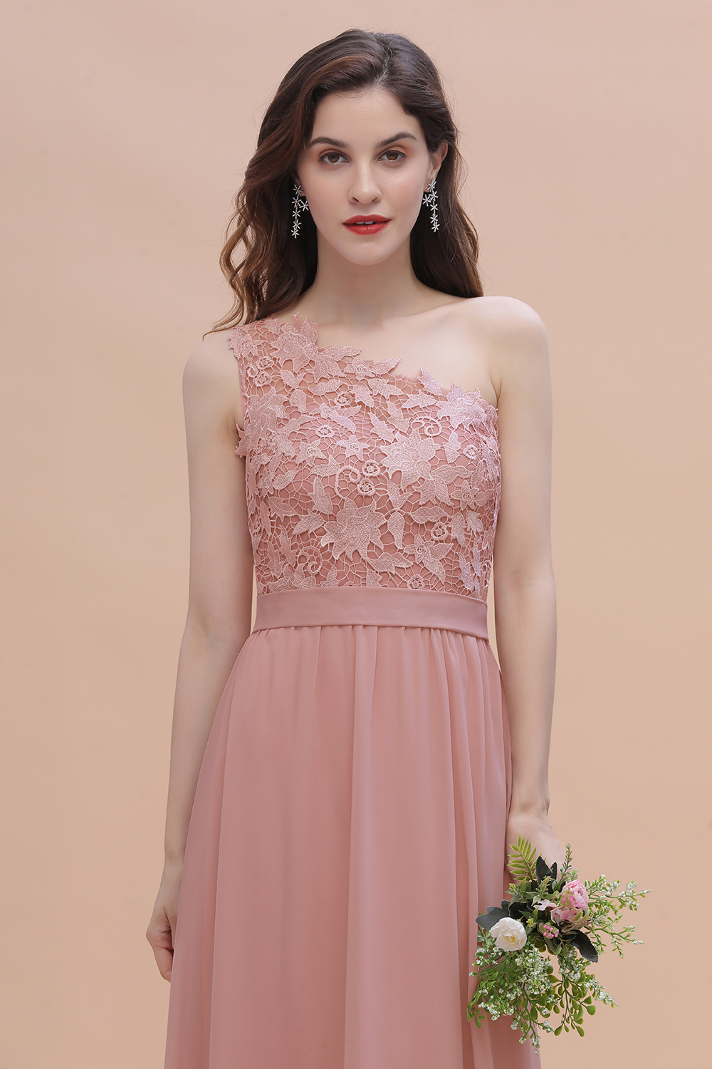 One Shoulder Floor-length A-Line Chiffon Bridesmaid Dress With Appliques Lace