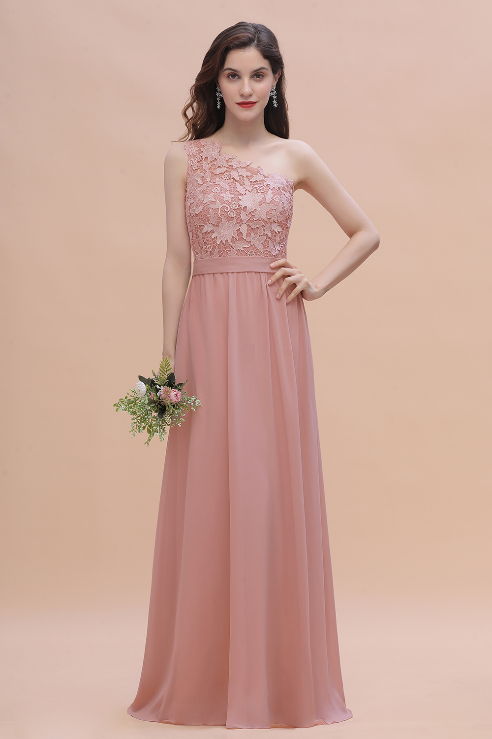 One Shoulder Floor-length A-Line Chiffon Bridesmaid Dress With Appliques Lace