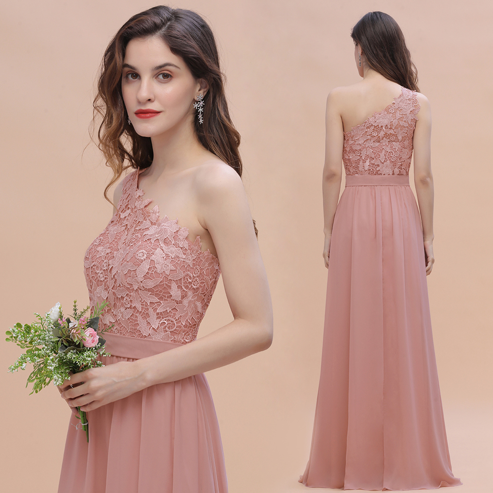 One Shoulder Floor-length A-Line Chiffon Bridesmaid Dress With Appliques Lace