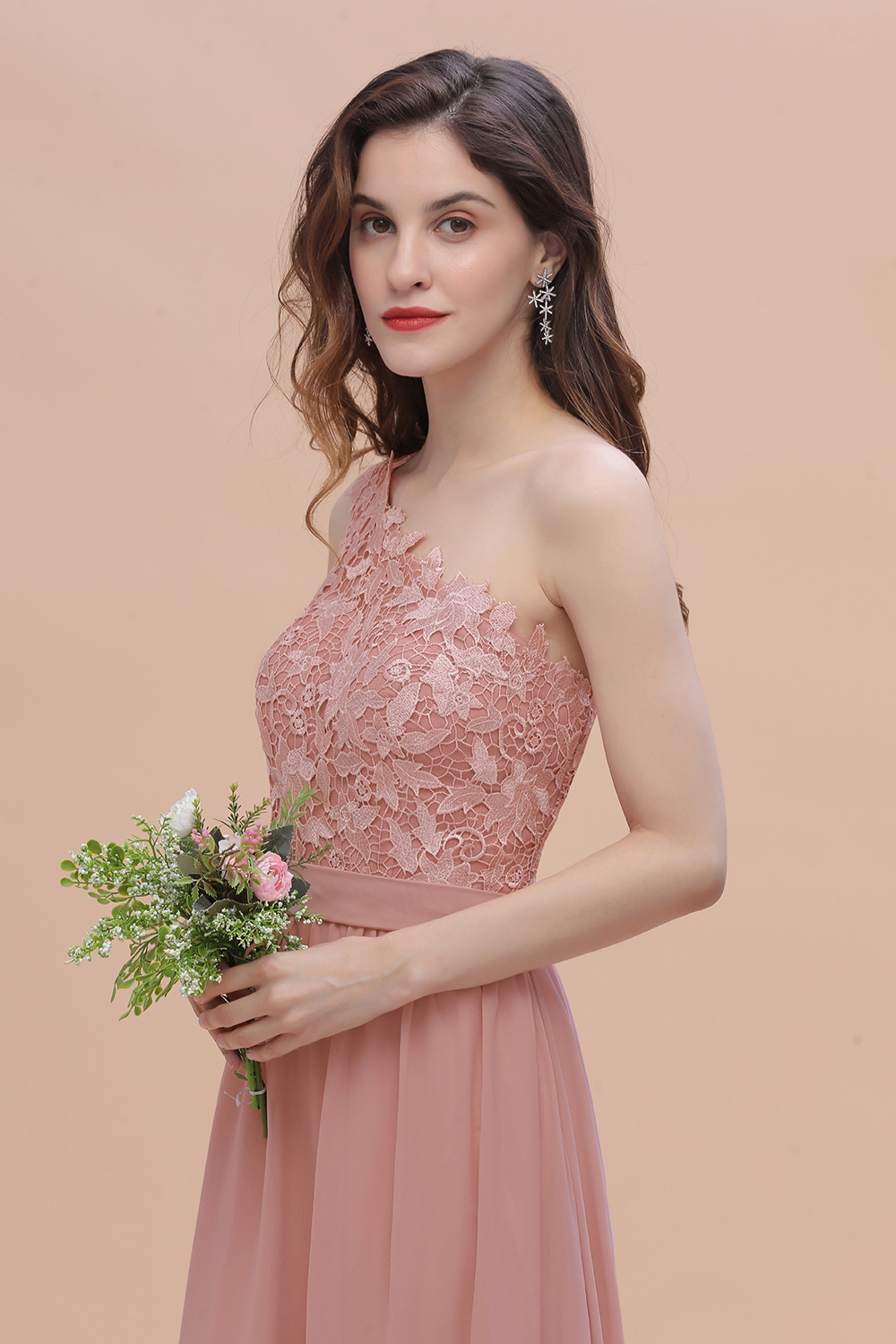 One Shoulder Floor-length A-Line Chiffon Bridesmaid Dress With Appliques Lace
