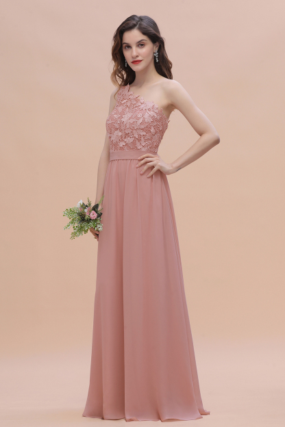 One Shoulder Floor-length A-Line Chiffon Bridesmaid Dress With Appliques Lace