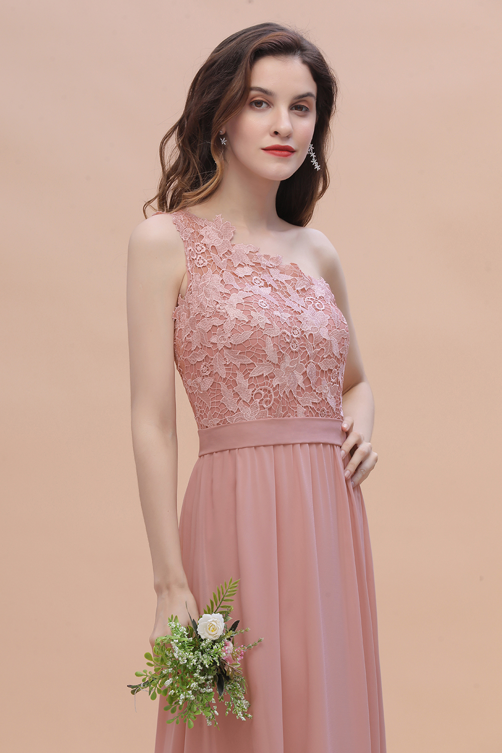 One Shoulder Floor-length A-Line Chiffon Bridesmaid Dress With Appliques Lace