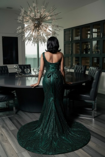 One Shoulder Sleeveless Mermaid Prom Dress with Beaded