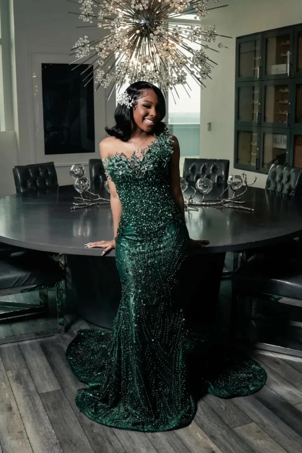 One Shoulder Sleeveless Mermaid Prom Dress with Beaded