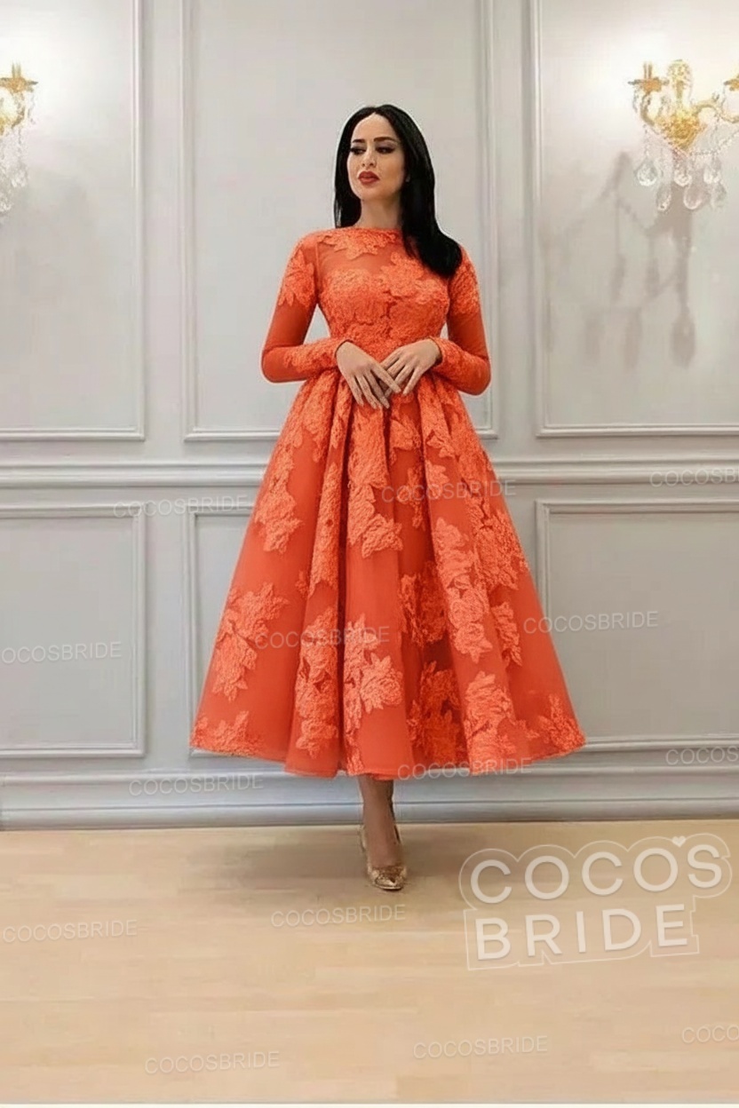 Elegant Short A-line High Neck Lace Ankle Length Formal Evening Dress with Sleeves