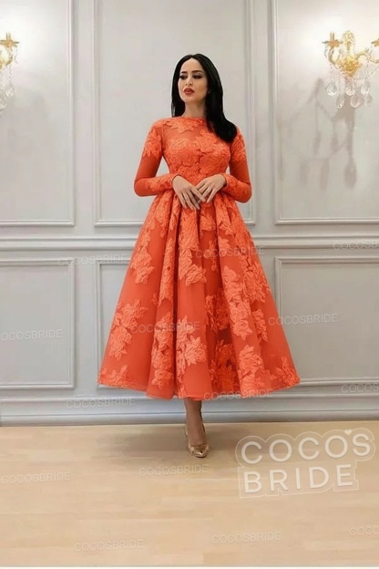 Elegant Short A-line High Neck Lace Ankle Length Formal Evening Dress with Sleeves