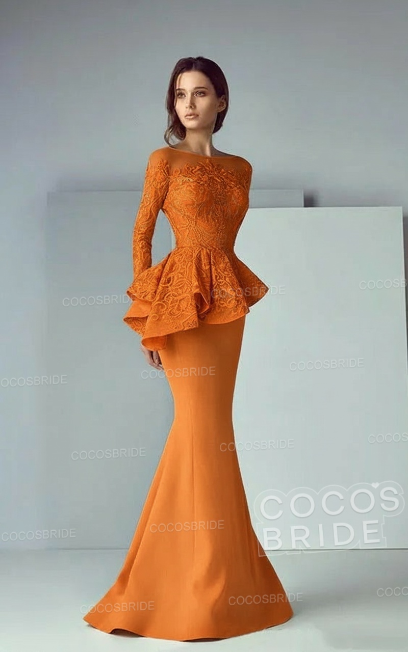 Modest Long Mermaid Lace Satin Formal Prom Dresses with Sleeves