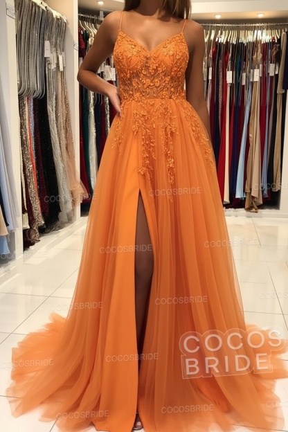 Long A-line V-neck Spaghetti Straps Open Back Prom Dress with Slit