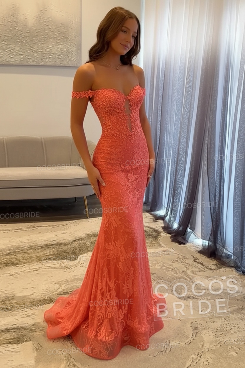 Dark Navy Long Mermaid Off the Shoulder Lace Prom Dress