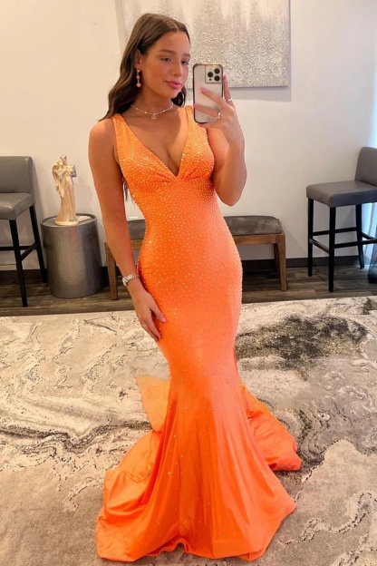 Orange Long Mermaid V neck Sequin Backless Prom Dress