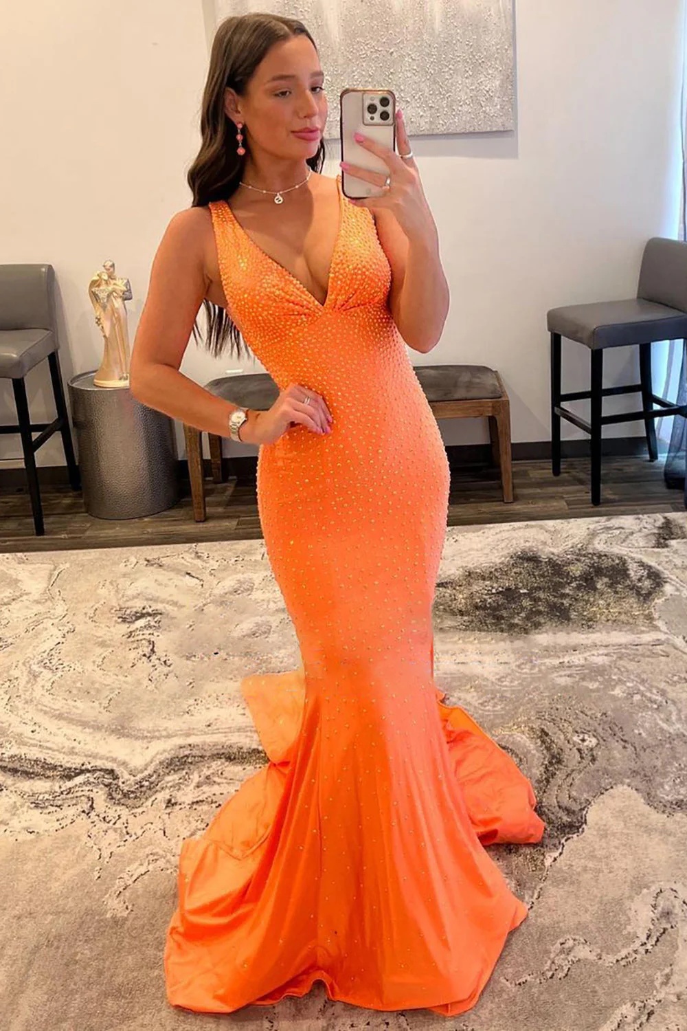 Orange Long Mermaid V neck Sequin Backless Prom Dress