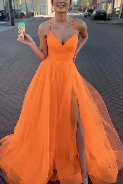 Long Spaghetti Straps V-neck A-Line Tulle Prom Dress With Side Slit