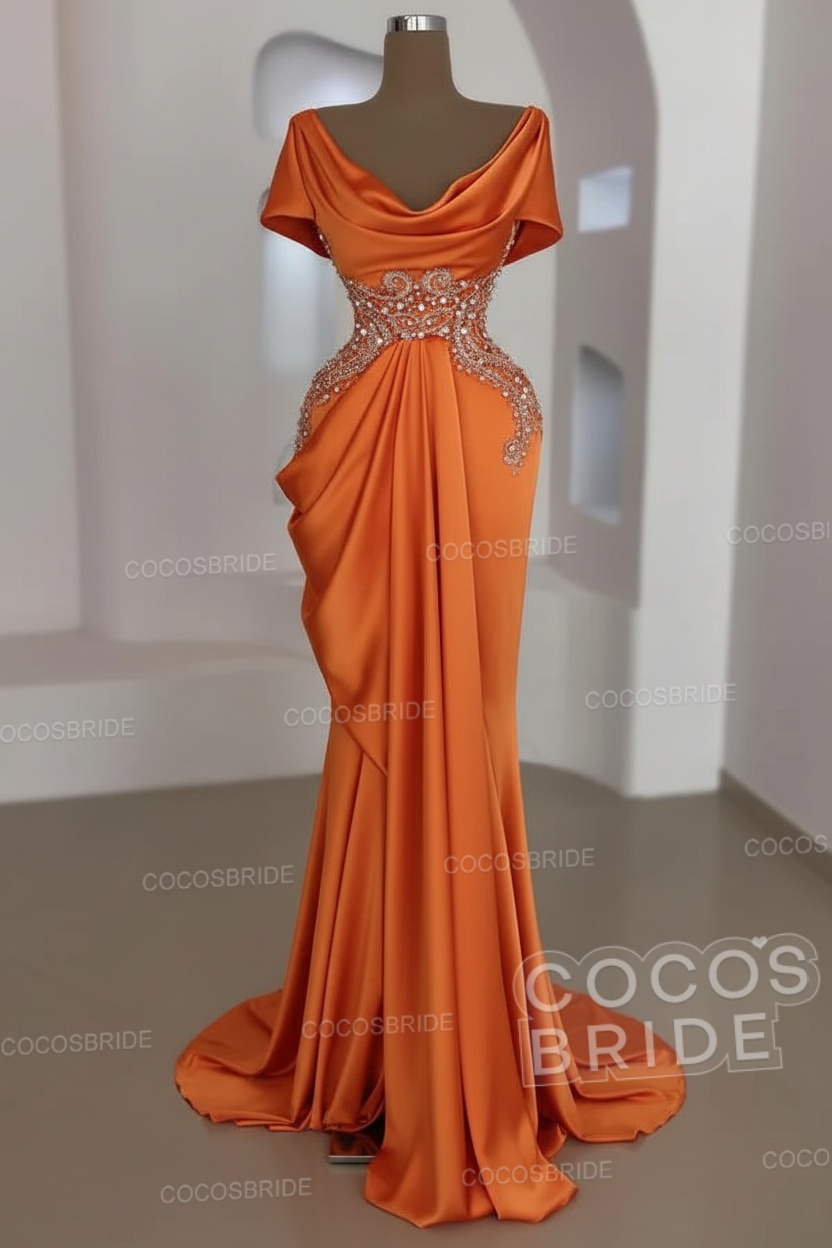 Mermaid Cowl Neck Satin Long Prom Dresses with Short Sleeves