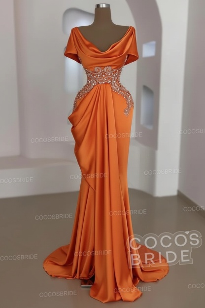 Mermaid Cowl Neck Satin Long Prom Dresses with Short Sleeves