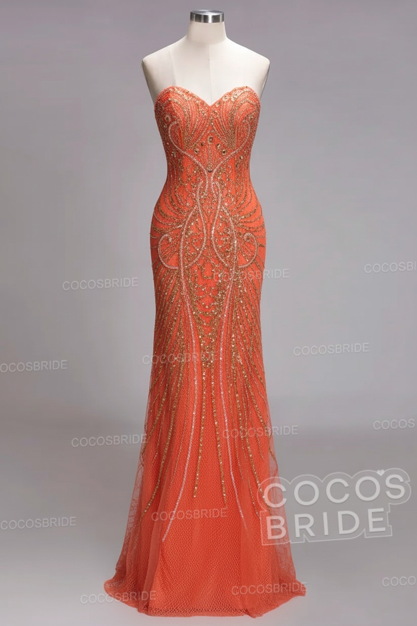 Mermaid Strapless Sweetheart Long Sequined Formal Evening Dresses with Beads