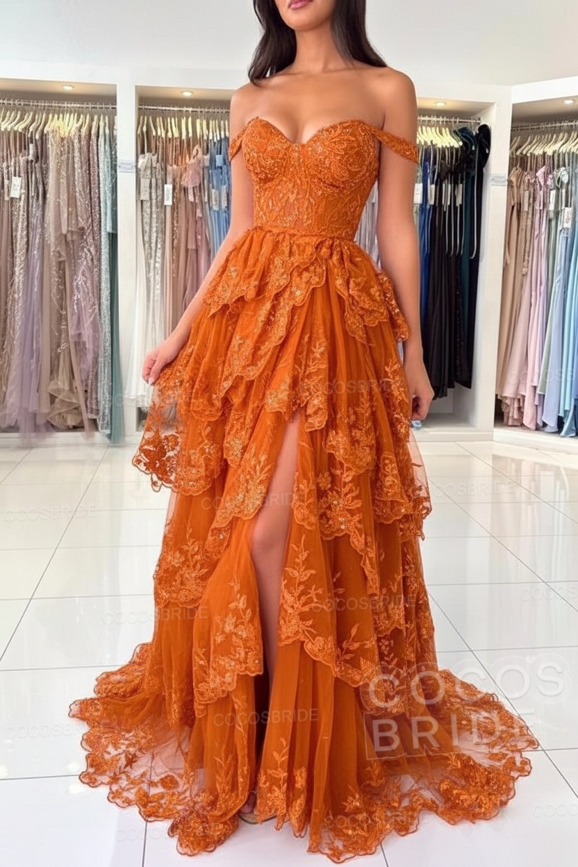 Off The Shoulder Sweetheart Lace A-Line Long Prom Dress with Slit