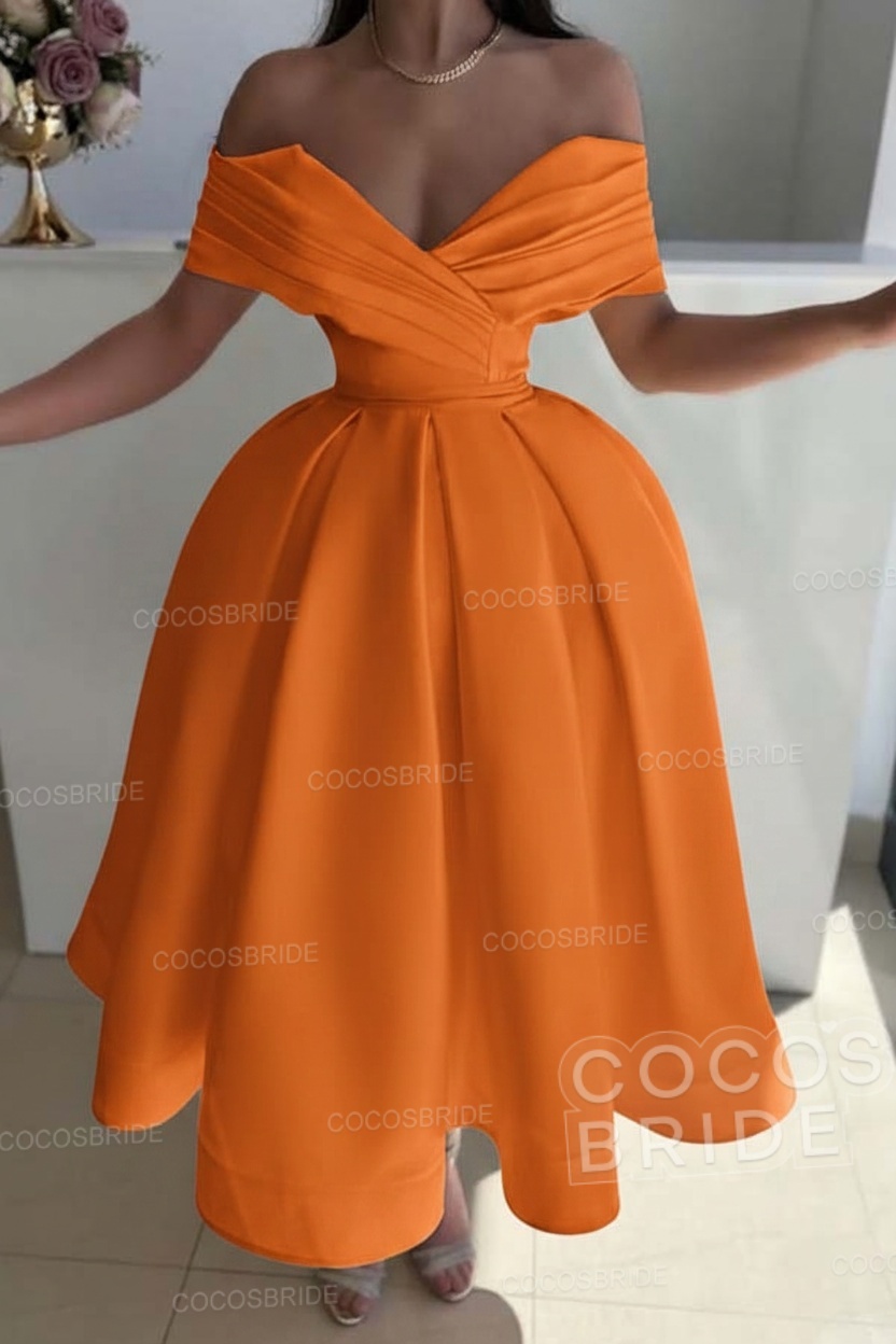 Off the Shoulder A-Line Satin Prom Dress with Pleated