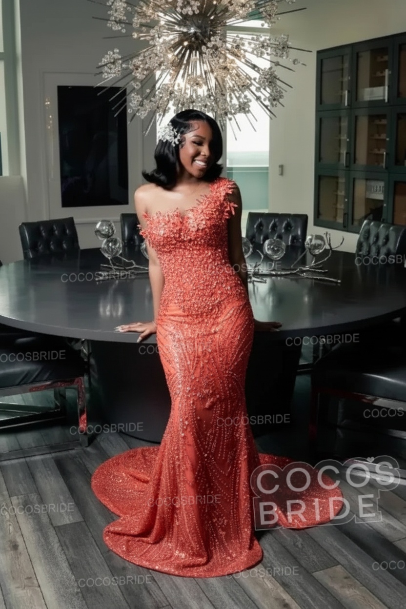 One Shoulder Sleeveless Mermaid Prom Dress with Beaded