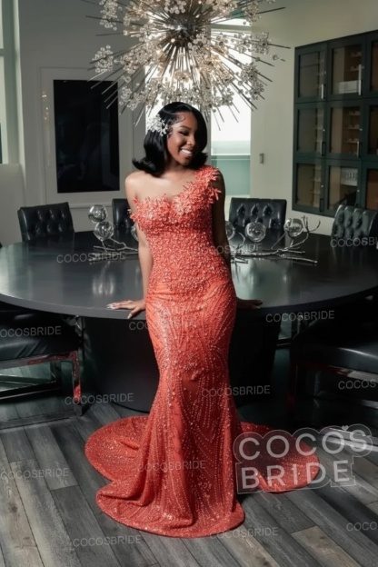 One Shoulder Sleeveless Mermaid Prom Dress with Beaded