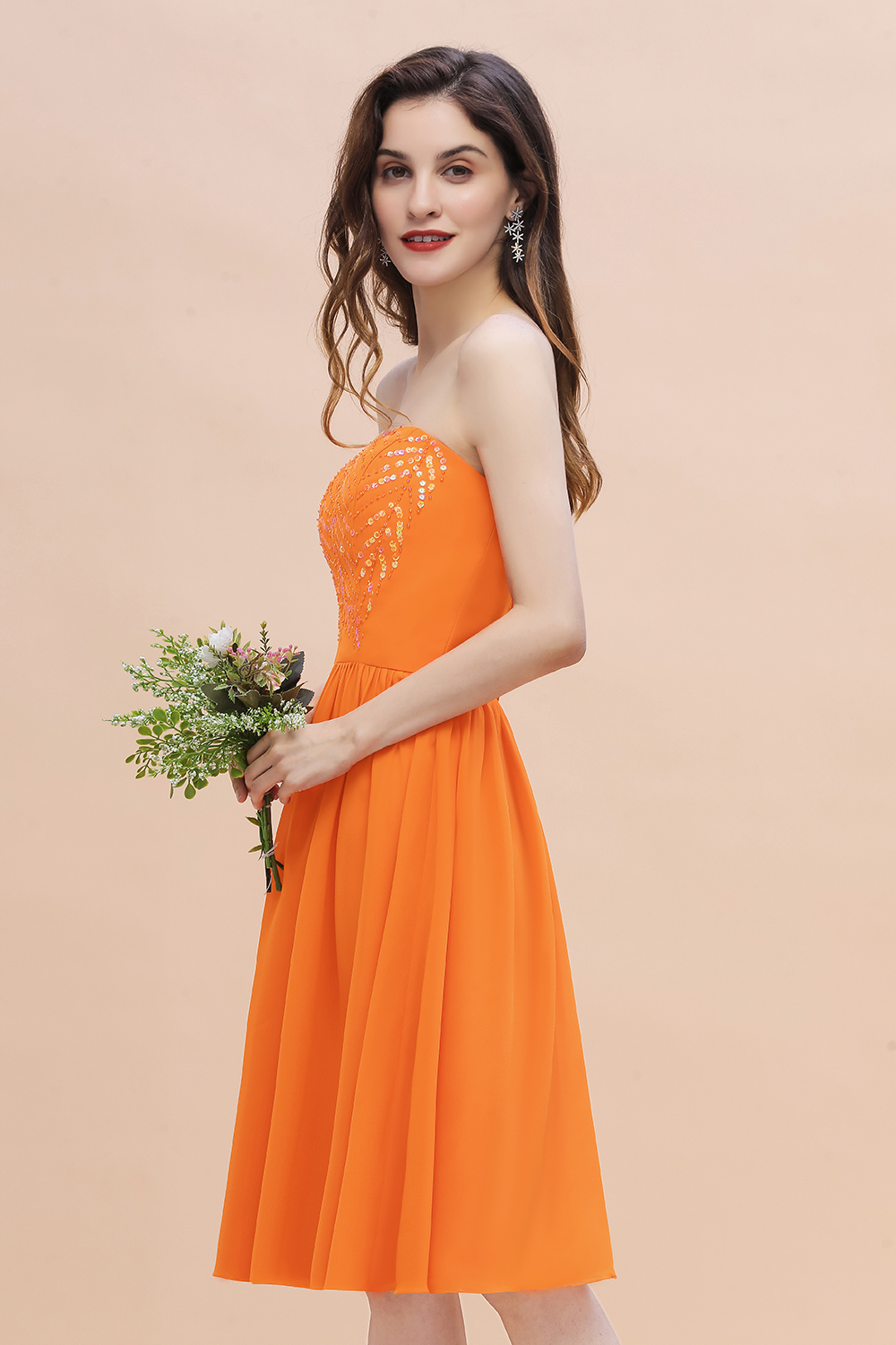 Orange Sequins A-Line Strapless Knee-length Chiffon Bridesmaid Dress