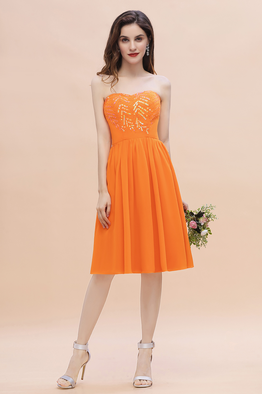 Orange Sequins A-Line Strapless Knee-length Chiffon Bridesmaid Dress