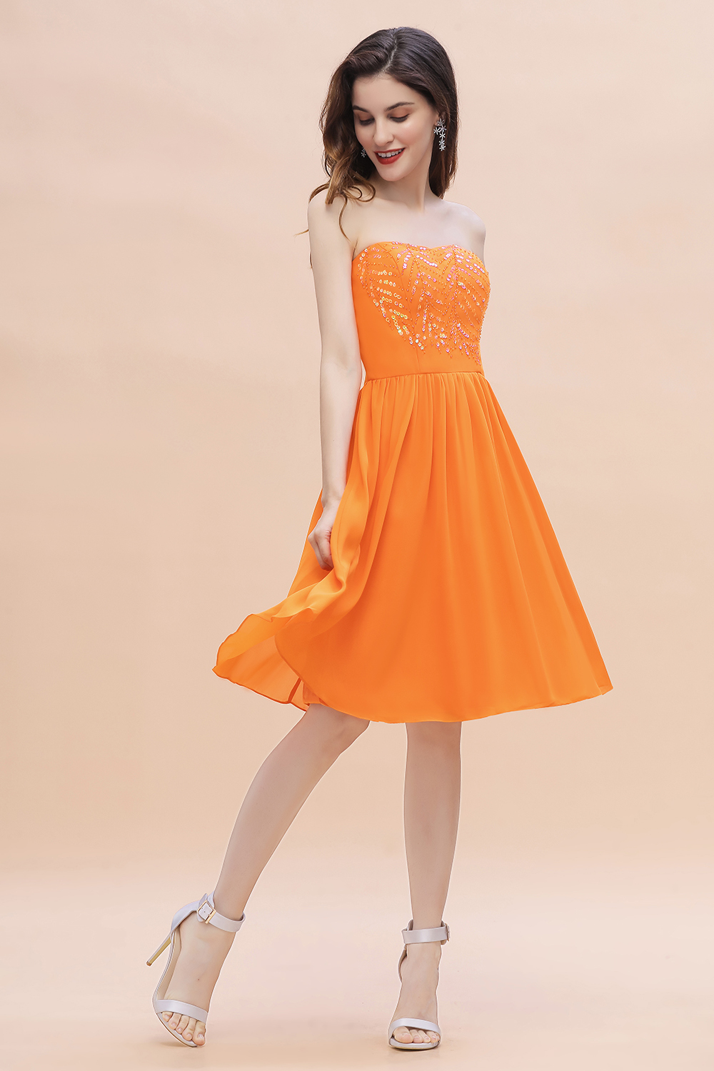 Orange Sequins A-Line Strapless Knee-length Chiffon Bridesmaid Dress