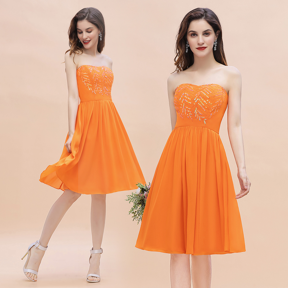 Orange Sequins A-Line Strapless Knee-length Chiffon Bridesmaid Dress