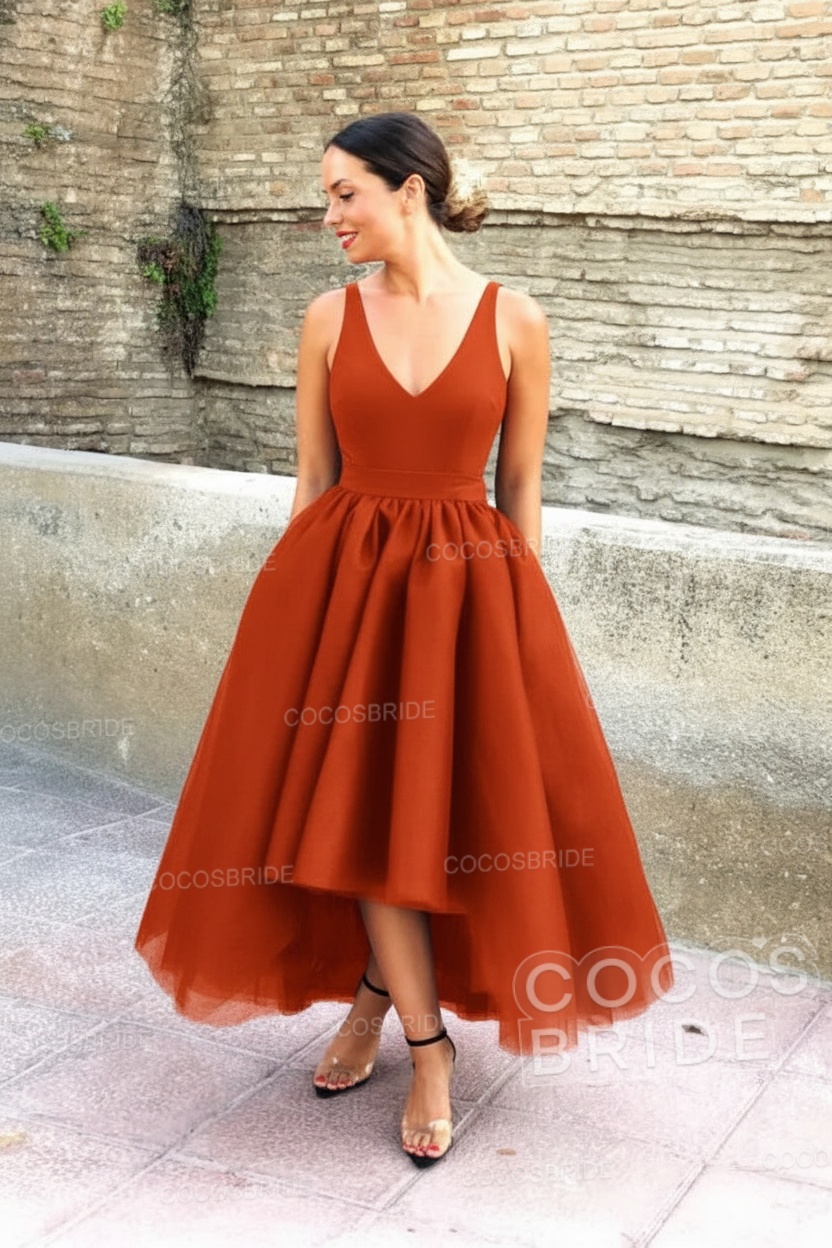 Simple Black V-neck Sleeveless Asymmetrical A-Line Prom Dresses