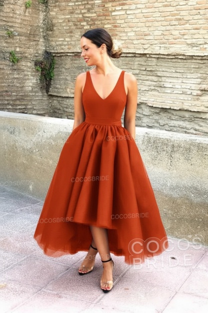 Simple Black V-neck Sleeveless Asymmetrical A-Line Prom Dresses